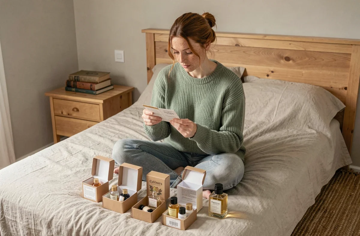 Jeune femme assise sur un lit entourée de flacons et d'échantillons de parfum en train de comparer différentes marques pour trouver son parfum idéal