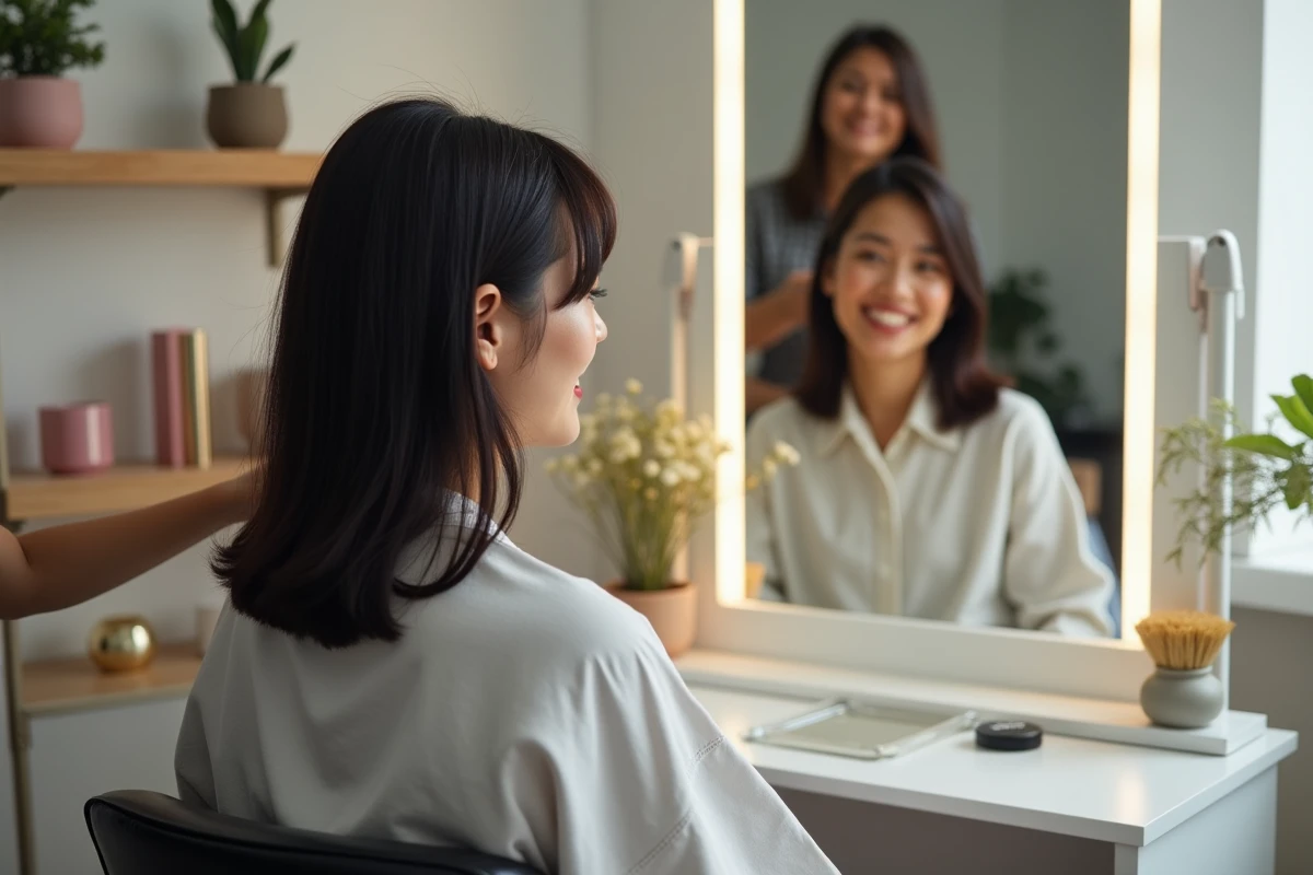 Femme admirant sa coupe fraîche dans le miroir d'un salon de coiffure moderne et minimaliste