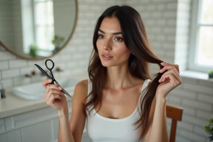 Femme brune aux cheveux lisses se coupant les pointes seule dans une salle de bain avec des ciseaux de coiffure professionnels