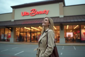 Femme devant un magasin Ulta Beauty dans un centre commercial américain