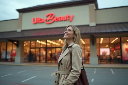 Femme devant un magasin Ulta Beauty dans un centre commercial américain