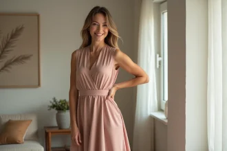 Femme confiante en robe midi élégante et cintrée