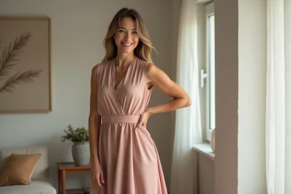 Femme confiante en robe midi élégante et cintrée