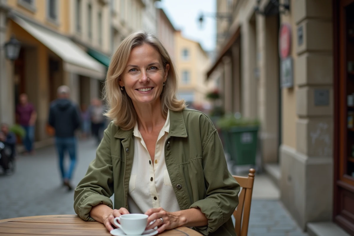 Femme aux yeux de couleurs différentes bleu et vert gris assise en terrasse de café en ville
