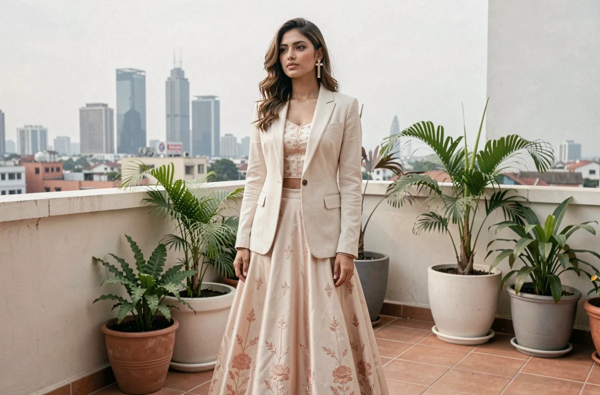 Femme indienne en tenue fusion moderne blazer ivoire et lehenga brodé posant sur un rooftop urbain à Mumbai avec skyline en arrière-plan