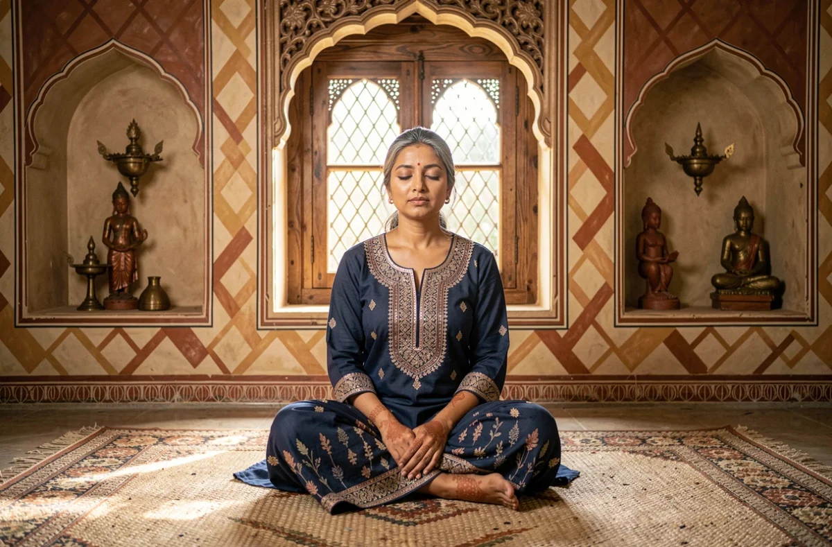 Femme indienne en kurta indigo block-print assise en méditation sur un tapis tissé dans un haveli patrimonial décoré de fresques et de lampes en laiton