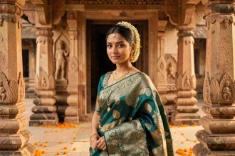 Jeune femme indienne en sari de soie brodé or et sarcelle posant devant une porte de temple sculpté en pierre, coiffée de fleurs de jasmin et parée de bijoux traditionnels dorés