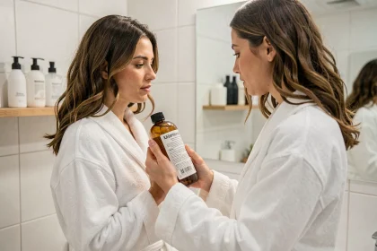 Femme lisant l'étiquette d'un shampoing sans paraben sans sulfate sans silicone dans une salle de bain minimaliste