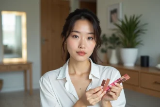 Femme en maquillage naturel se regardant dans un miroir