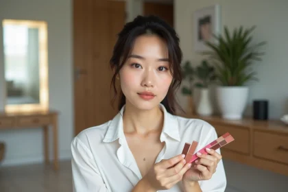 Femme en maquillage naturel se regardant dans un miroir