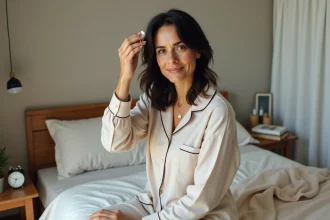 Femme appliquant un serum capillaire dans un cadre cosy