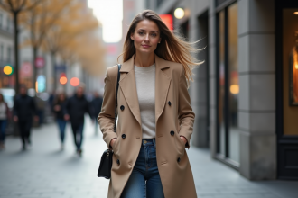 Femme élégante en manteau long dans la ville automnale