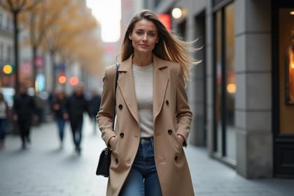 Femme élégante en manteau long dans la ville automnale