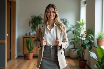 Femme confiante en tailleur midi dans un intérieur moderne