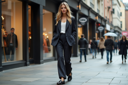 Femme élégante en blazer à rayures dans une rue urbaine
