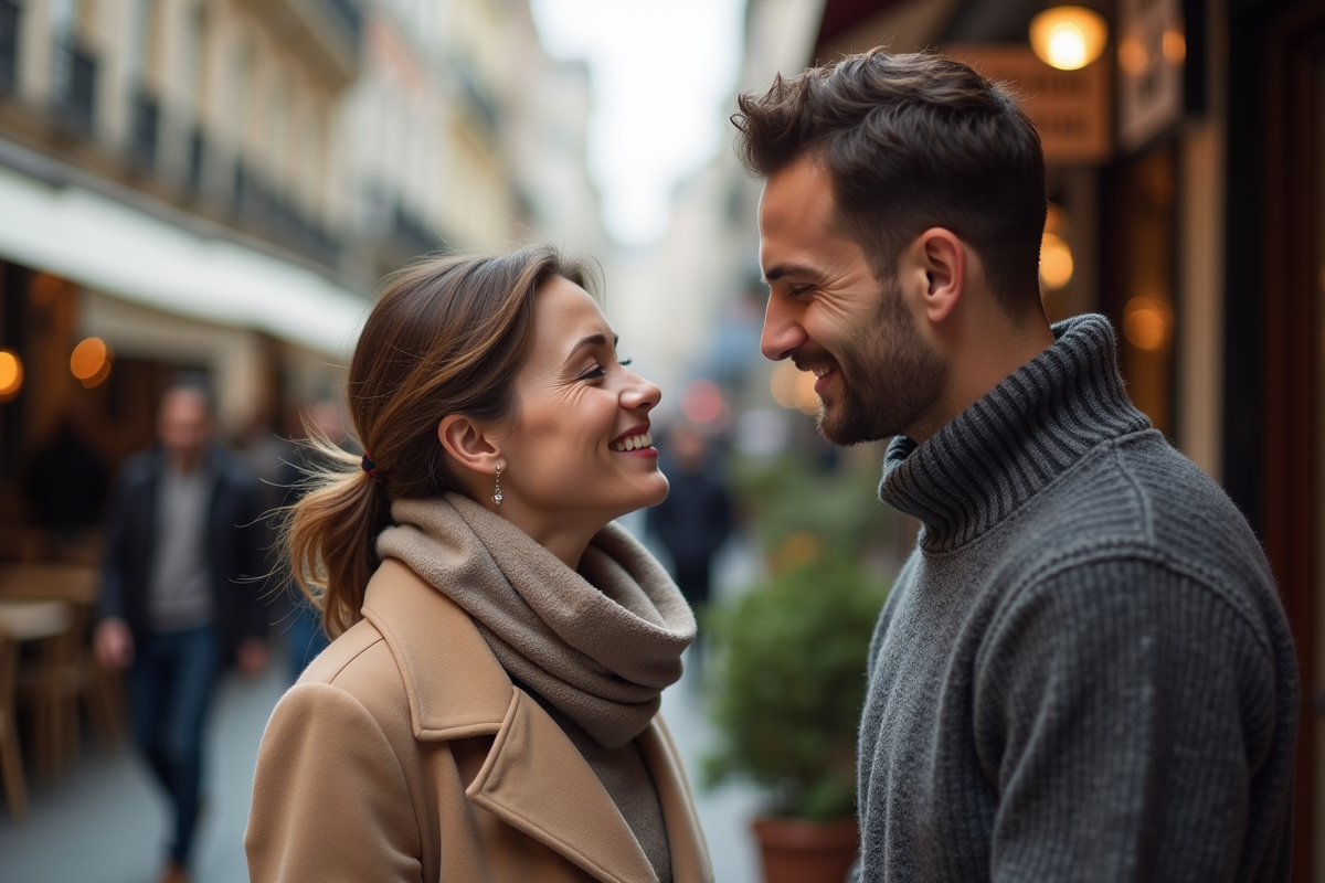 Femme souriante dans la rue appréciant le parfum d’un homme
