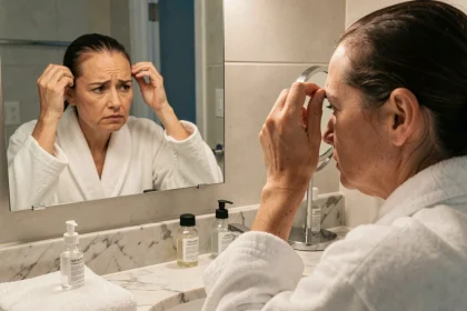 Femme examinant sa perte de cheveux diffuse dans un miroir grossissant dans une salle de bain