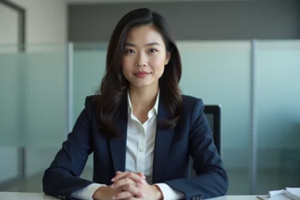 Femme professionnelle en bureau moderne avec blazer navy