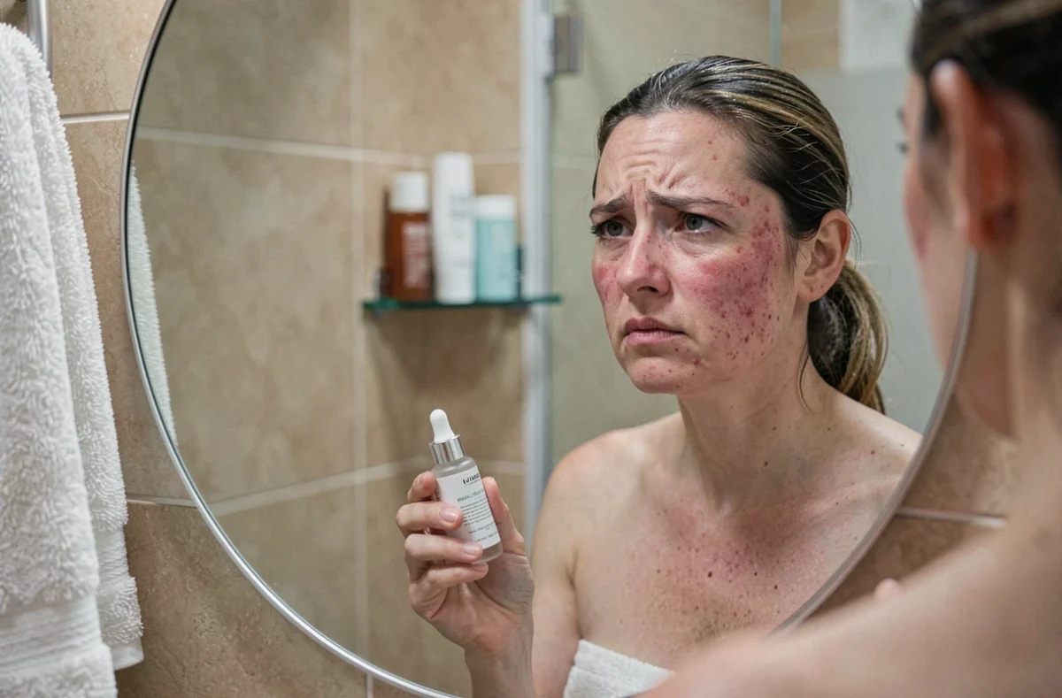 Femme scrutant son reflet dans le miroir avec un sérum Filorga à la main, exprimant une réaction cutanée indésirable