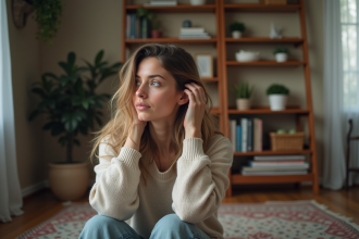 Femme assise sur le sol de sa chambre en train de toucher ses cheveux gras