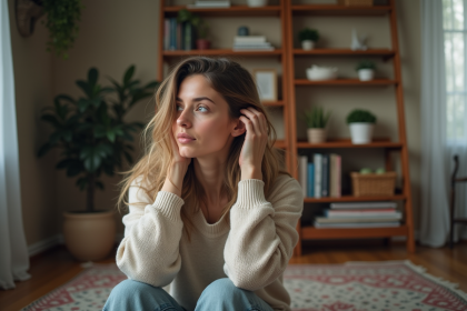 Femme assise sur le sol de sa chambre en train de toucher ses cheveux gras