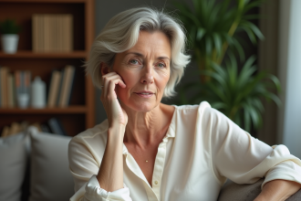 Femme d'âge moyen touchant son visage dans un salon cosy