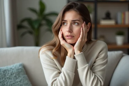 Femme pensant à ses soins de peau dans un intérieur moderne