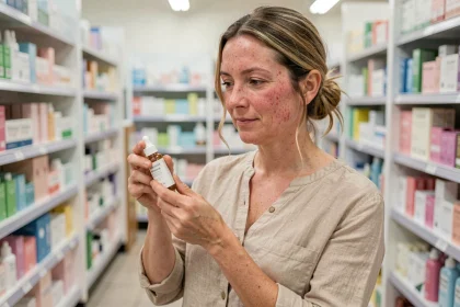 Femme examinant un produit soin visage en pharmacie pour traiter la rosacée à petit budget