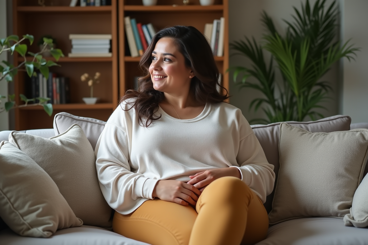 Femme ronde assise dans un salon cosy et stylé