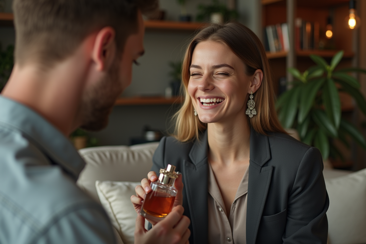 Femme souriante tenant un flacon de parfum dans un salon chaleureux