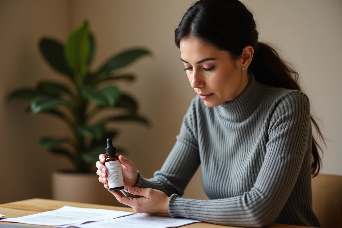 Femme lisant les instructions d'un sérum capillaire anti-chute de cheveux à son bureau