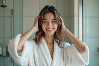 Jeune femme appliquant du shampoing dans la douche