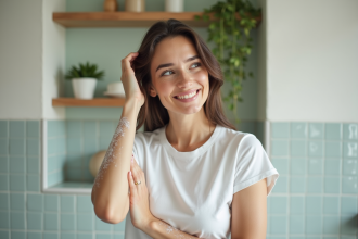 Femme appliquant shampoing naturel dans sa salle de bain