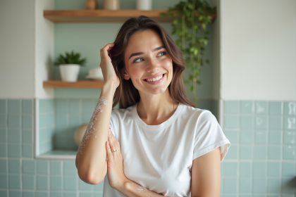 Femme appliquant shampoing naturel dans sa salle de bain