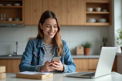 Jeune femme souriante utilisant son smartphone dans la cuisine
