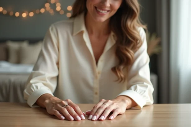 Femme élégante admire ses ongles en porcelaine dans sa chambre