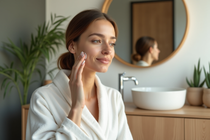 Femme appliquant du gel d'aloé vera sur la joue dans une salle de bain naturelle