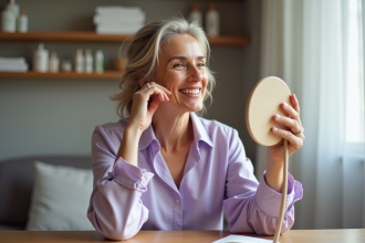 Femme souriante se regardant dans un miroir avec produits naturels