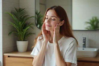 Femme se massant le visage dans un espace naturel et calme