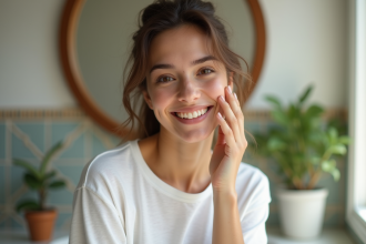 Femme souriante en soin visage naturel dans salle de bain