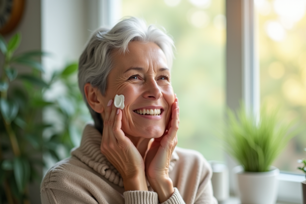 Femme d'âge moyen appliquant une crème naturelle visage