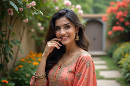 Femme souriante en salwar kameez coloré dans un jardin