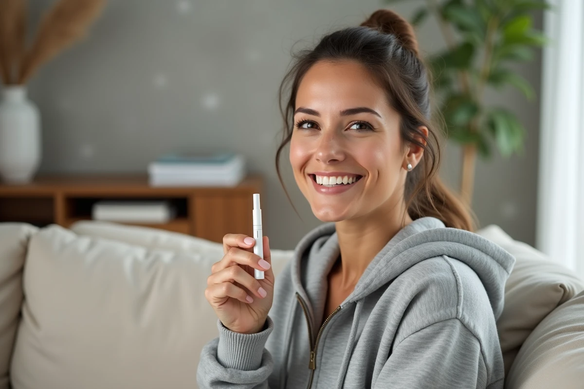 Femme souriante avec des dents blanches tenant un stylo de blanchiment dentaire dans un salon minimaliste