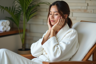 Femme en peignoir blanc dans un spa intérieur apaisant