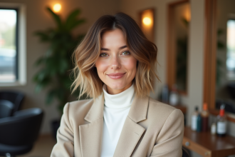 Femme élégante avec coupe dégradée dans un salon moderne