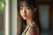 Jeune femme avec tatouage japonais vibrant sur le bras