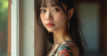 Jeune femme avec tatouage japonais vibrant sur le bras
