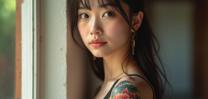 Jeune femme avec tatouage japonais vibrant sur le bras