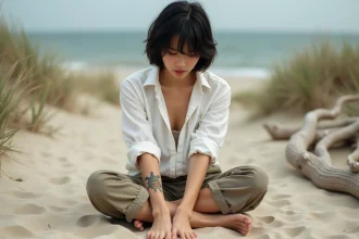 Jeune femme avec tatouage tortue sur la plage