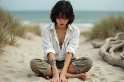 Jeune femme avec tatouage tortue sur la plage